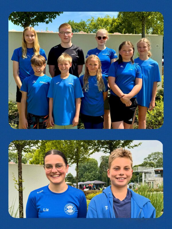 Zwei Photos übereinander: Das obere, größer, ein Gruppenphoto in zwei Reihen, das untere ein Photo mit zwei Schwimmern